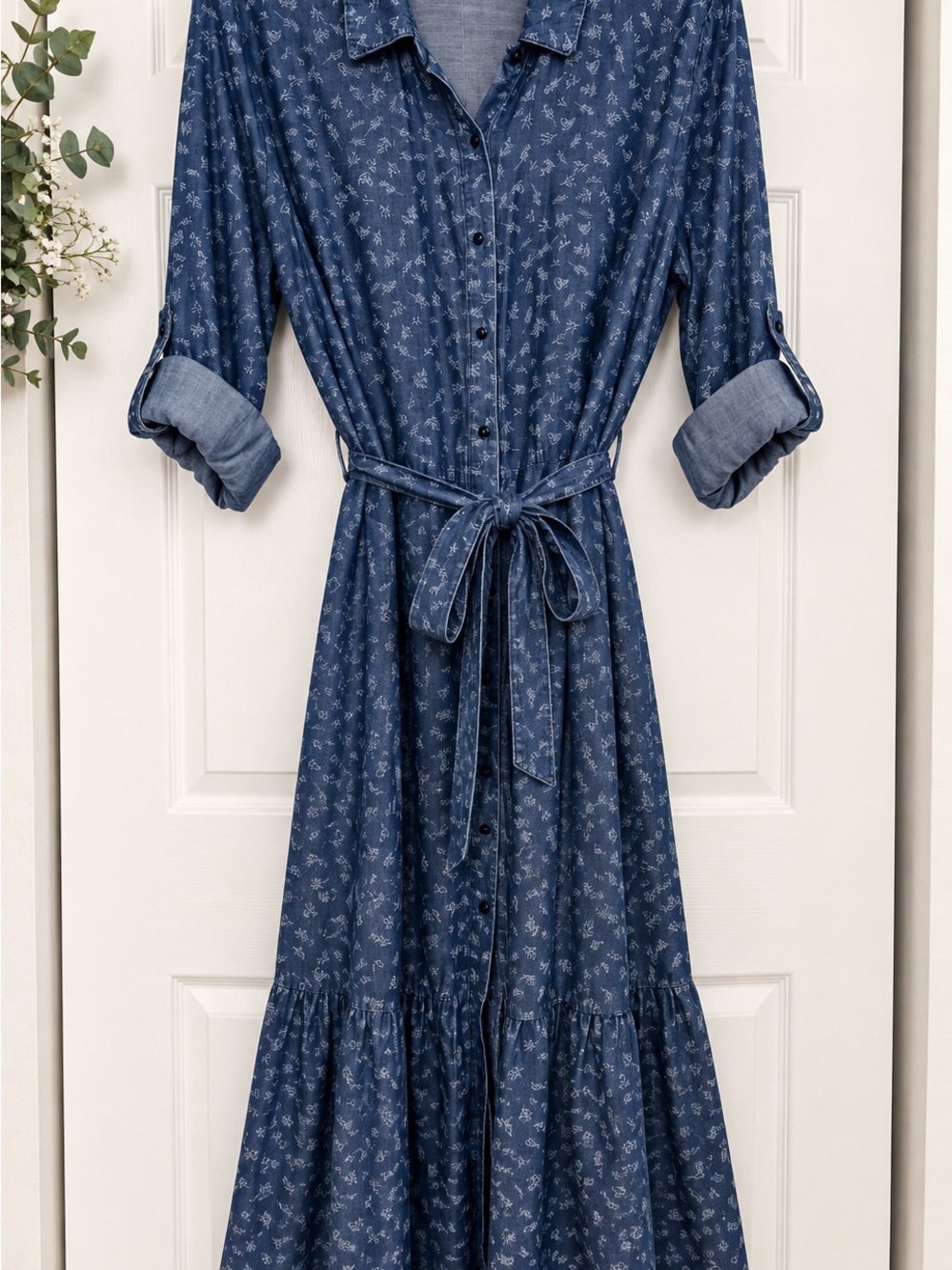 Saks Fifth Avenue Navy Floral-Print Button-Front Maxi Dress with Tie Waist